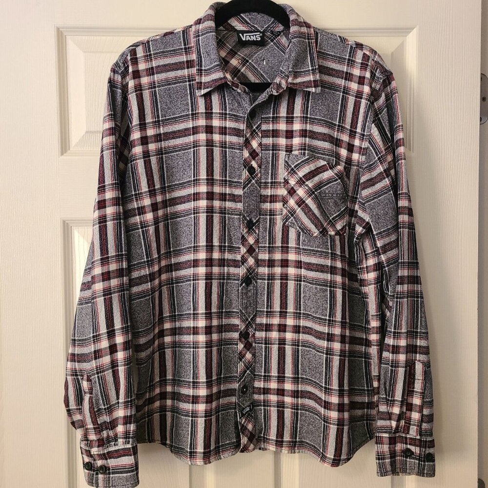 Vans Plaid Long Sleeve Button Shirt Mens Large Black Gray Red Window Pane